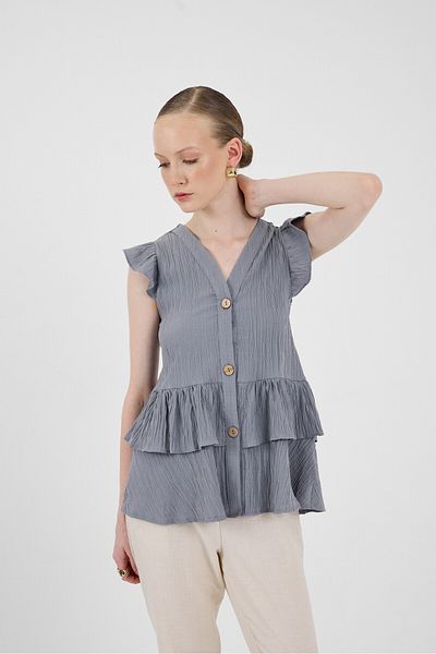 Rays Gray V-Neck Button Ruffle Sleeve Blouse 8052A