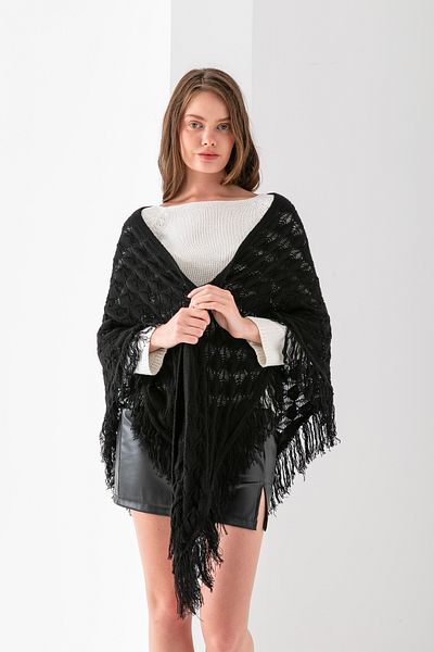 T Crazy T-Crazy Openwork Patterned Triangle Shoulder Shawl, Stylish and Practical Knitwear Knitted Accessory with Tassels, Triangle Knitwear Shawl