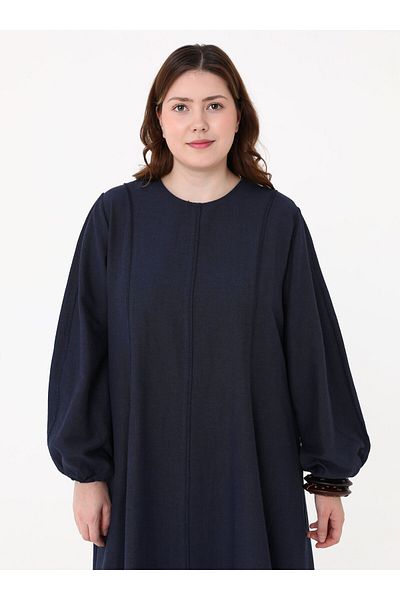 ALİA Large Size Dress with Stitching Detail and Sleeves - Navy Blue -