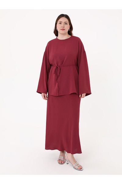 ALİA Tie Detail Skirt&Blouse Plus Size Double Set - Murdum -