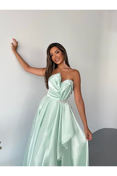 İyem Abiye Organza Princess Waist Stone Design Evening Dress Tight Fit