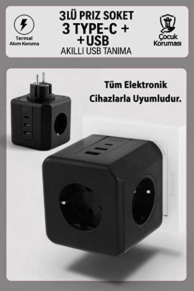 Badem10 3 Prizli 2 USB + 1 Type-C Çocuk Termal Kısa Devre Akım Korumalı Topraklı Golyat Grup Şarj Fiş Priz