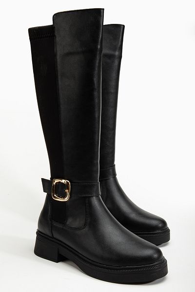RİSSOLİ Women's Black Matte Leather Buckle Detailed Stretch Back Boots