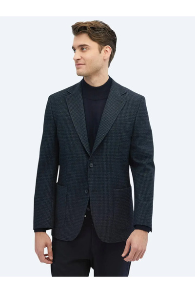 Kip Navy Blue Patterned Modern Fit Knitted Jacket