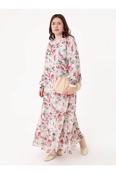 ALİA Kolağzı Gipe Detailed Patterned Plus Size Dress - Pink Flower Pattern -