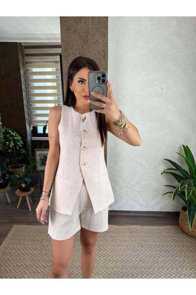 Great Fast Set de lenjerie Luke pentru femei set cu vestă cu pantaloni scurți, bej, combinație elegantă, potrivire confortabilă