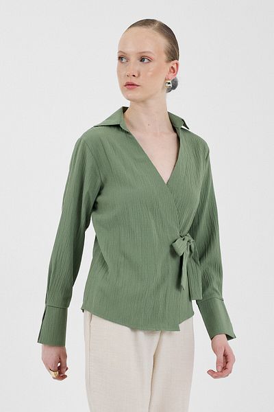 Rays Khaki Front Tie Detailed Long Sleeve Blouse 8019A