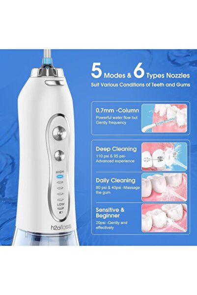 h2ofloss H2OFLOS Cordless Water Flosser with 5 Modes and 6 Jet Nozzles 300ml USB Type-C