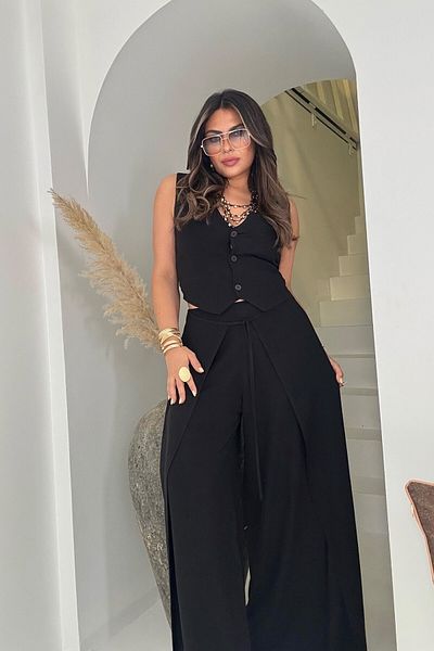 Sohotique By P Cotton Linen Vest & Wrap Pants Suit Black