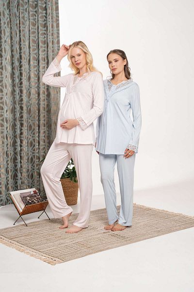 Lohussa Women's Ecru Jacquard Special Design Lace Cotton Maternity Maternity Dressing Gown Pajama Set Set
