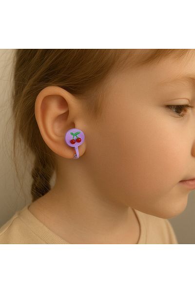 BY YASİN TOPÇU Vip Purple Cherry Patterned Children's Earring (Flip-Open Clip-On)