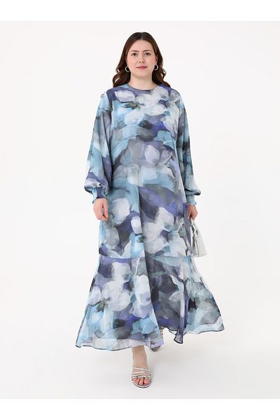 ALİA Kolağzı Gipe Detailed Patterned Plus Size Dress - Blue Abstract Pattern-