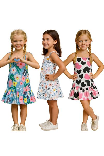 MAXI DRY Girl's Strappy Patterned Summer Dress, 3-Piece Series 4-10 Years