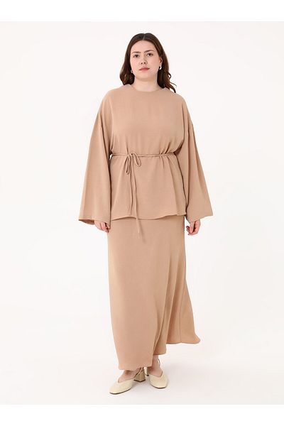 ALİA Tie Detail Skirt&Blouse Plus Size Double Suit - Beige