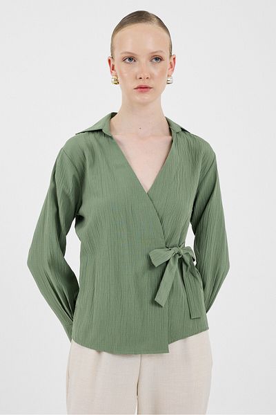 Rays Khaki Front Tie Detailed Long Sleeve Blouse 8019A