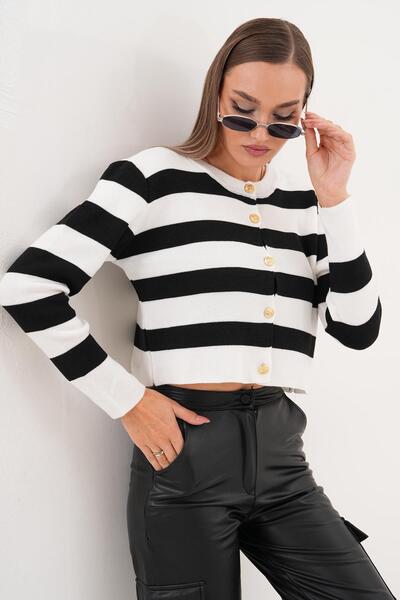ŞİMAL Women's Stripe Patterned Button Closure Knitwear Knitted Short Cardigan 255213 -
