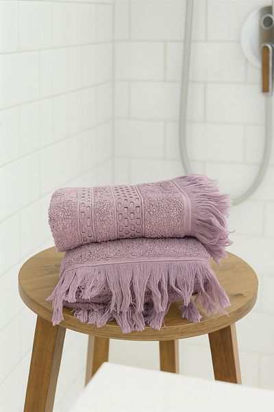 Bonny Home Waffle Fringed Cotton 2-Piece Bath and Hand-Face Towel Set