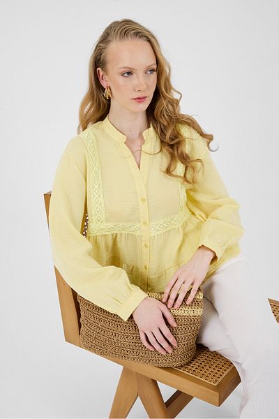Rays Yellow 100% Cotton Lace Detailed Muslin Shirt 4823A