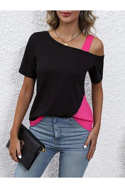 modamtn Women's Short Sleeve Single Shoulder Open Strap Detailed Viscose Blouse