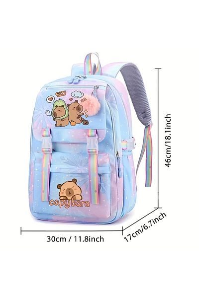 Emre Bebe Cute School Bag with Capybara Pattern – Water Resistant Lightweight Nylon, Adjustable Strap, Zipper Closure