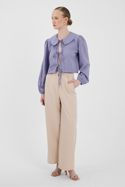 Rays Lila Bağlama Detaylı Bebe Yaka Uzun Kollu Bluz 8020A