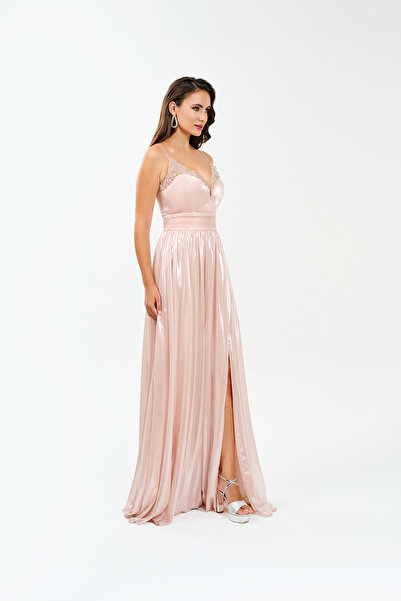 BDM Exclusive İnce Askılı Derin Yırtmaçlı Laklı Şifon Astarlı Abiye Elbise