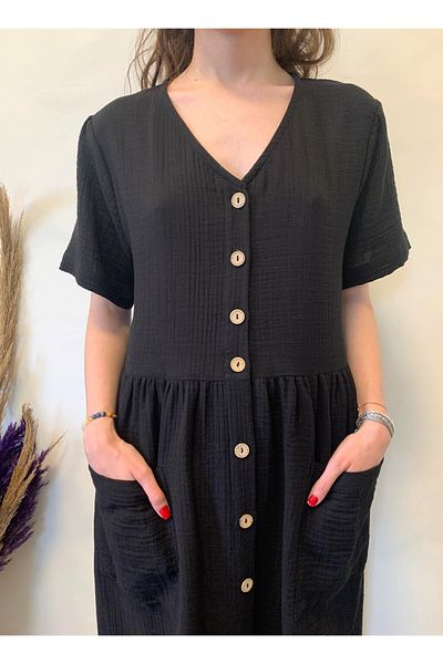 ARİNNASİDE Muslin Short Sleeve Dress with Button Detail on the Front