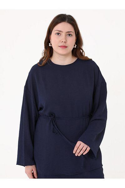 ALİA Tie Detail Skirt&Blouse Plus Size Double Suit - Navy Blue -