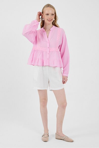 Rays Pink 100% Cotton Lace Detailed Muslin Shirt 4823A