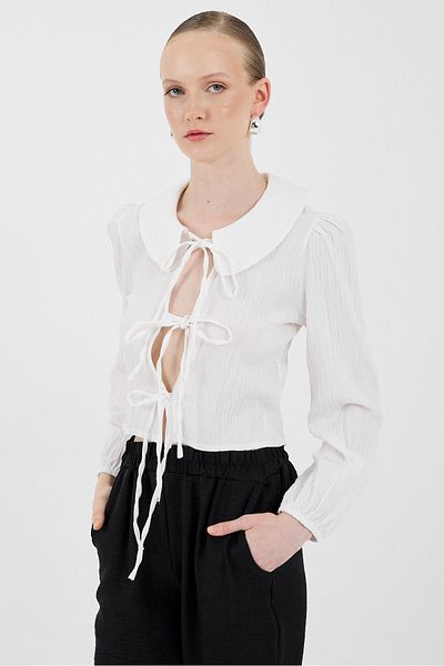 Rays White Tie Detail Baby Collar Long Sleeve Blouse 8020A