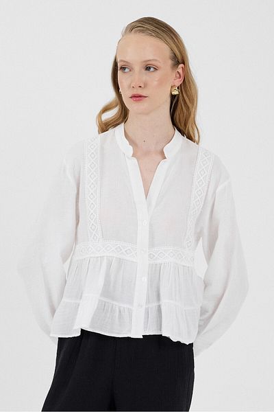 Rays White 100% Cotton Lace Detailed Muslin Shirt 4823A