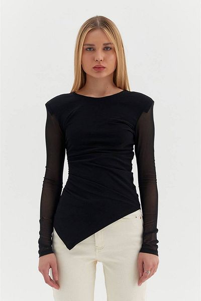 Butik Beyza Asymmetrical Cut Sleeves Tulle Detail Side Gathered Blouse