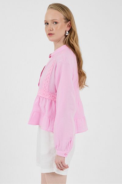 Rays Pink 100% Cotton Lace Detailed Muslin Shirt 4823A