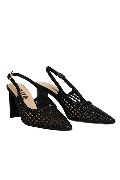 Platin Black Leather Knitted Open Back Women's Heeled Shoes