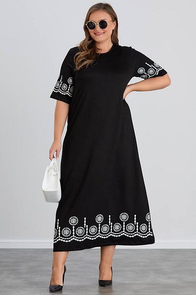 wearon tekstil Wearon Women's Aysar Short Sleeve Printed Two-String Boydan Black Dress