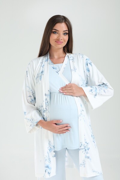 LOHOUSE Women's Blue Double-Breasted Patterned Maternity Maternity Pajama Set with Dress