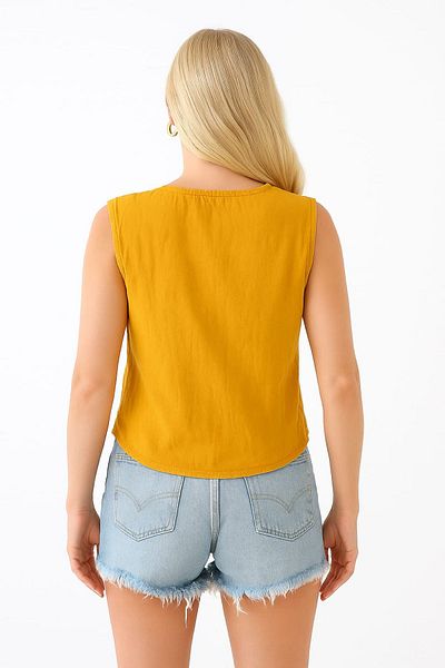 enmodaiçgiyim Women's Yellow Vest – 100% Cotton Muslin Fabric, Buttoned, Two Pockets, Summer Stylish Design