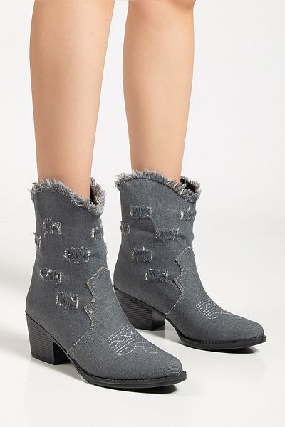 MS SUGAR SHOES Women's Ripped Detailed Denim Boots Embroidered Cowboy Style Cowgirl