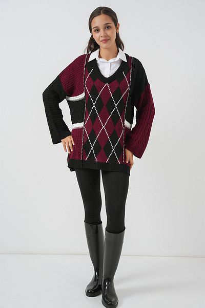 Merterium Women's V-Neck Knitwear Sweater Claret Red 1250