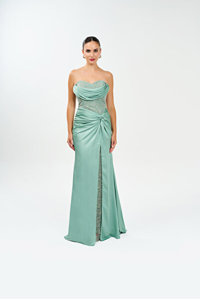 BDM Exclusive Straplez Drapeli Saten Kumaşlı Cepsiz Astarlı Abiye Elbise