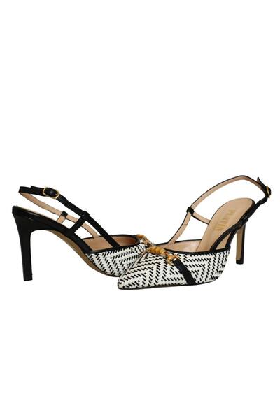 Platin Siyah Beyaz Deri Örgü Arkası Açık Kadın Topuklu Ayakkabı