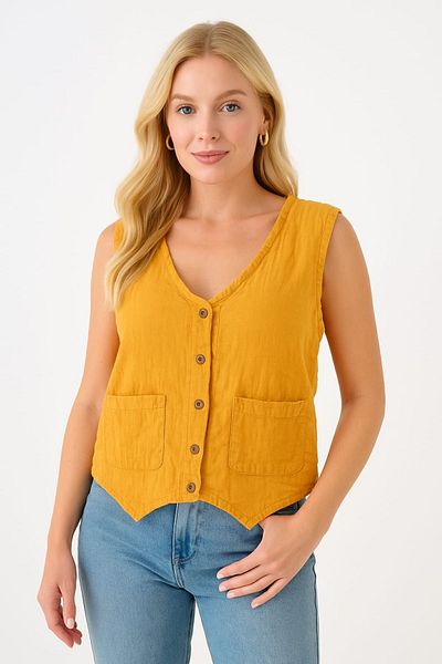 enmodaiçgiyim Women's Yellow Vest – 100% Cotton Muslin Fabric, Buttoned, Two Pockets, Summer Stylish Design