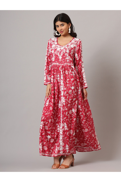 alaya Hand Embroidered Lucknowi Chikankari Printed Mulmul Cotton Jalabiya-AL3936