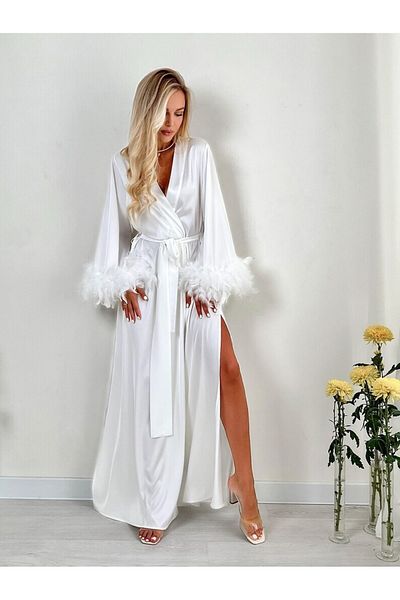 Juwana Silky Satin Feather Bridal Dressing Gown with Sleeves