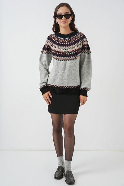 Merterium Women's Patterned Knitwear Sweater Gray 1249
