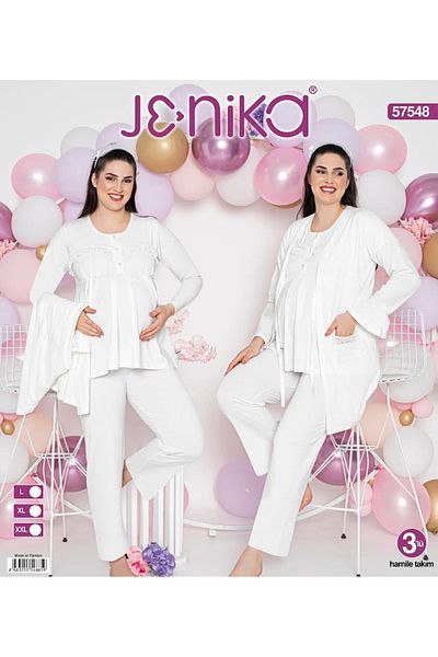 JENİKA Long Sleeve Lace and Ribbon Detailed Maternity & Maternity 3-Piece Cotton Pajama Set