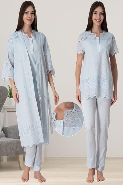 LOHOUSE Women's Blue Fisto Linen Maternity Pregnant 3-Piece Pajama Set
