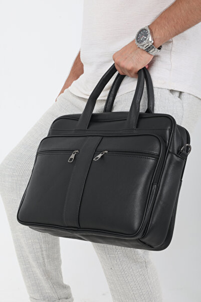 Erzeno حقيبة جلدية أصلية سوداء وحقيبة كمبيوتر محمول / حقيبة كمبيوتر محمول كبيرة الحجم بحزام طويل / 15.6 بوصة