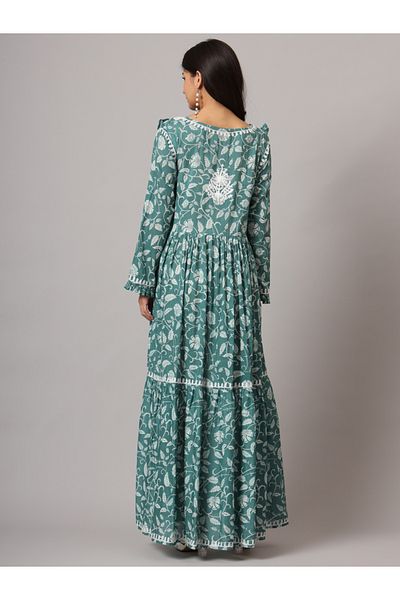 alaya Hand Embroidered Chikankari A-Line Gathering Pattern Mulmul Cotton Jalabiya-AL3941