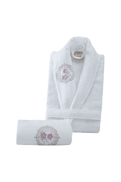 OEM Set halat de baie dama si prosop 50 x 90 cm, Flower White, bumbac, marime universala, Alb